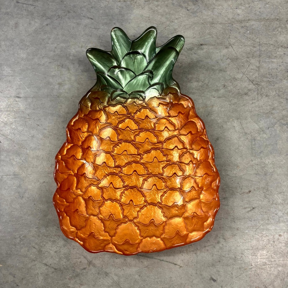 Pineapple Glass Serving Bowl Platter Metallic Orange Green Tropical Home Decor